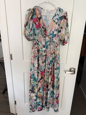 Dissayki Satin Maxi Dress, Puff Sleeve, Size M